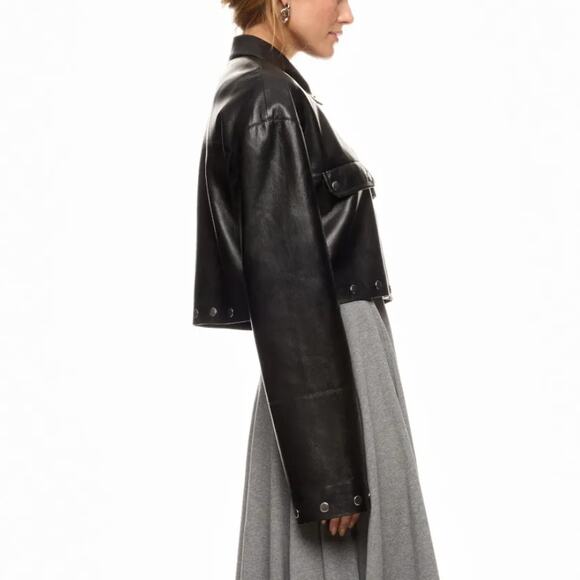 Nanushka Black Faux Leather Moto Jacket MEDIUM Cropped Oversized Designer $625 - Picture 3 of 15